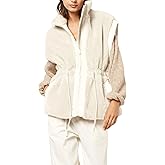 Gozoloma Womens Fleece Vest Zip Up Cap Sleeve Sherpa Jacket Loose Fit Inner Puffer Quilted Outwear with Waist Tie and Pockets