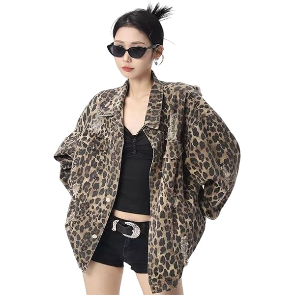 Hesaco Leopard Denim Jacket for Women - Y2k Cheetah Print