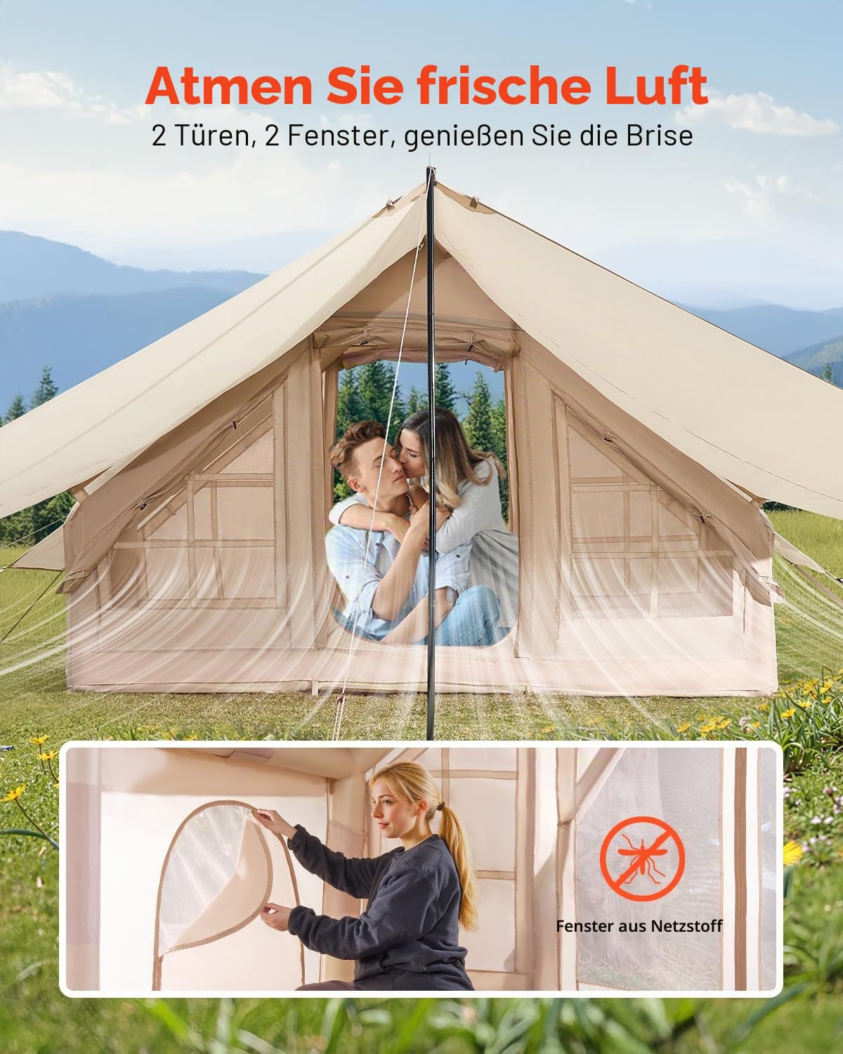 VEVOR Aufblasbare Zelte für Camping 3x2x2 m, 3–5 Personen, 300D Oxford 4-Jahreszeiten-Glamping-Zelt mit Baldachin, Handpumpe, Ofenanschluss, 2 Türen & 2 Netzfenstern (Aufbewahrungstasche inkl.) 6