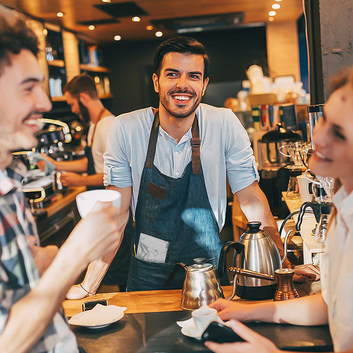 Marble Style Server Book - Nine Pockets - Zipper Pouch - Pen/Order Pad/Card Holder - Classy White - PU Leather Flaps - Signature Style - Deluxe Elegant