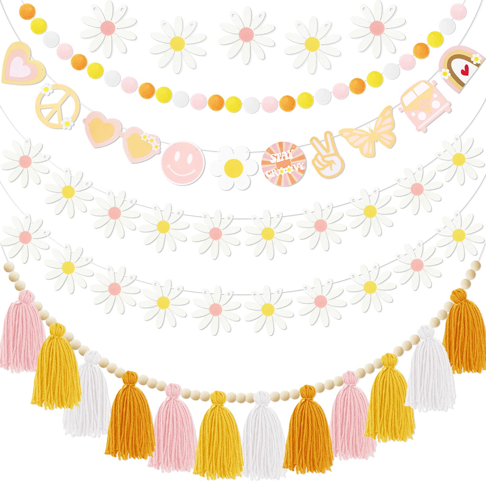 Photo 1 of Groovy Party Decoration Garland 5Pcs, Groovy Hippie Banner Daisy Boho Tassel Garland Decor, Pre Strung Pom Pom Spring Party Supplies Hippie Party Decorations for Wall Window Home Room