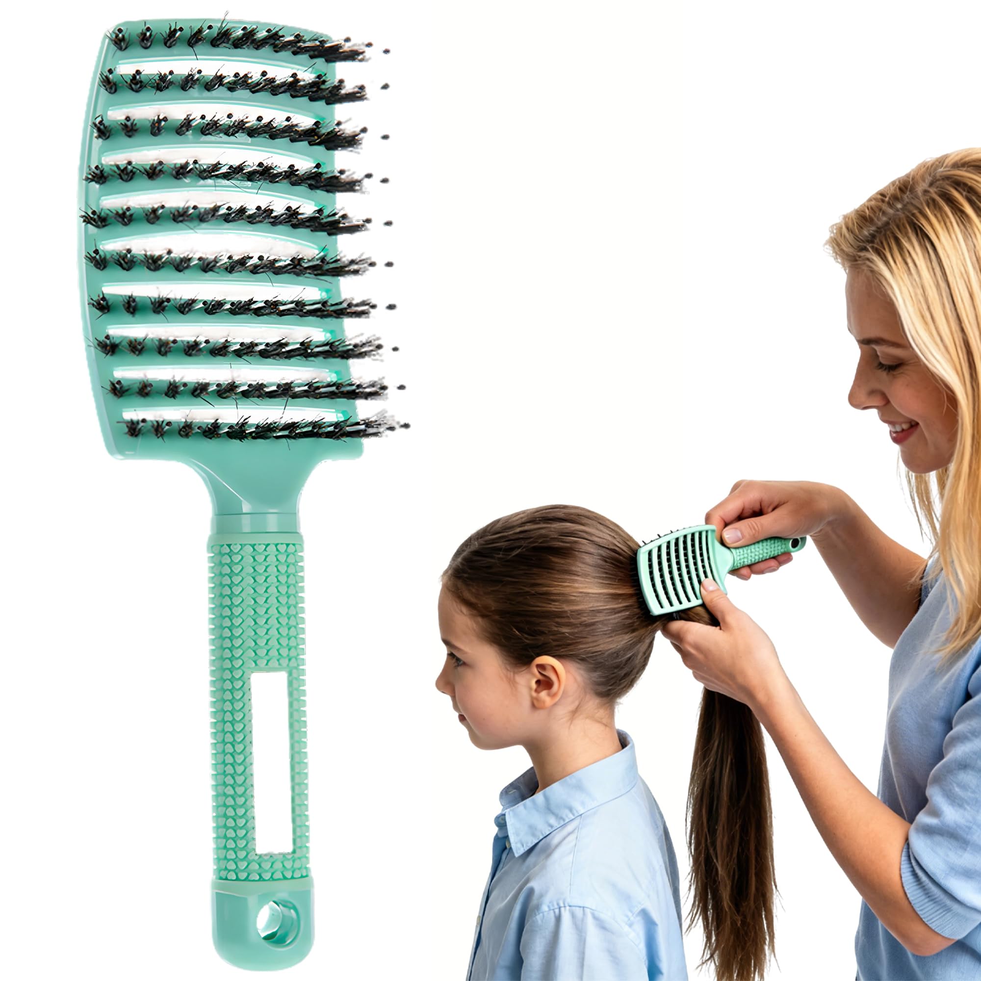 Pop Magic Detangling Hair Brush for Women and Kids, Detangle Boar Bristle Paddle Hair Brush Detangler for Blow Drying, Wet Hair, Long, Thick, Curly (Light Green)