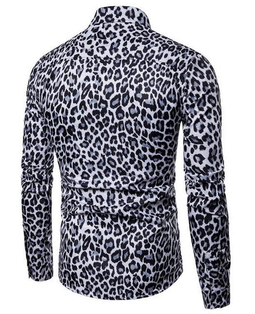 GRMO Men Regular Fit Leopard Print Button Up Long Sleeve Lapel Shirt Casual ButtonDown Shirts Men