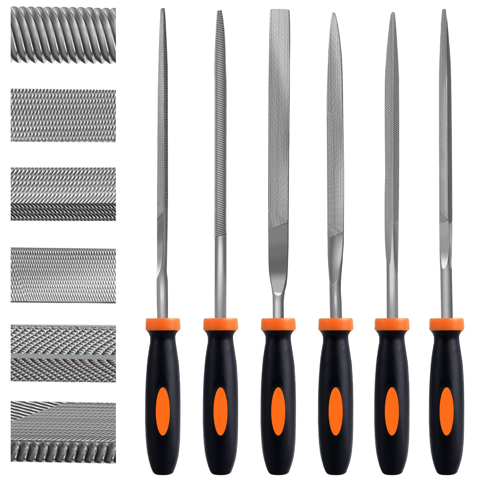 Preciva Needle File Set, 6Pcs Mini FileSet, Carbon Steel Needle Files Including Flat, Pointed, Half-Round, Square, Round, Triangle, Suitable for Metal, Wood,Glass,.etc.(6Pcs)