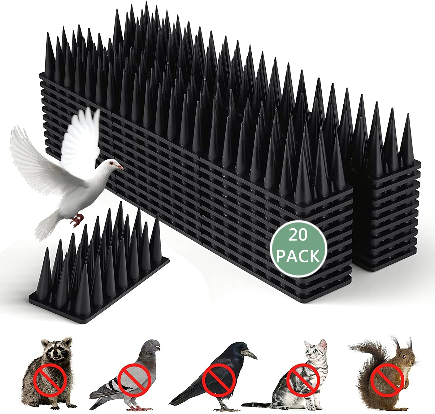 Apluskis Upgraded Bird Spikes, 20 Pack/6M Squirrel Raccoon Pigeon Cat Fox Animal Deterrent Fence Anti Bird Spikes for Outside/Outdoor to Keep Birds Away (Black)