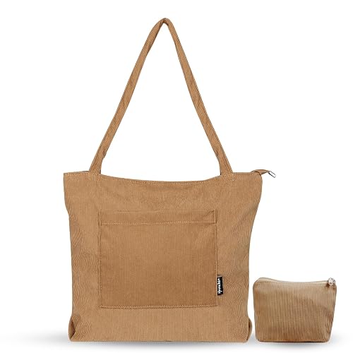 homchen Corduroy Tote Bag with Zipper Waterproof Cord Tote Bag for Women with Multi- Compartments Large Capacity Shoulder Bags Handbags for School Work Shopping Travel Daily Use (Khaki)