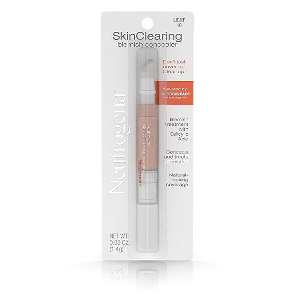 NEUTROGENA SKINCLEARING BLEMISH CONCEALER FACE MAKEUP WITH SALICYLIC ACID ACNE MEDICINE, NON-COMEDOGENIC AND OIL-FREE CONCEALER HELPS COVER, TREAT & PREVENT BREAKOUTS, LIGHT 10,.05 OZ
