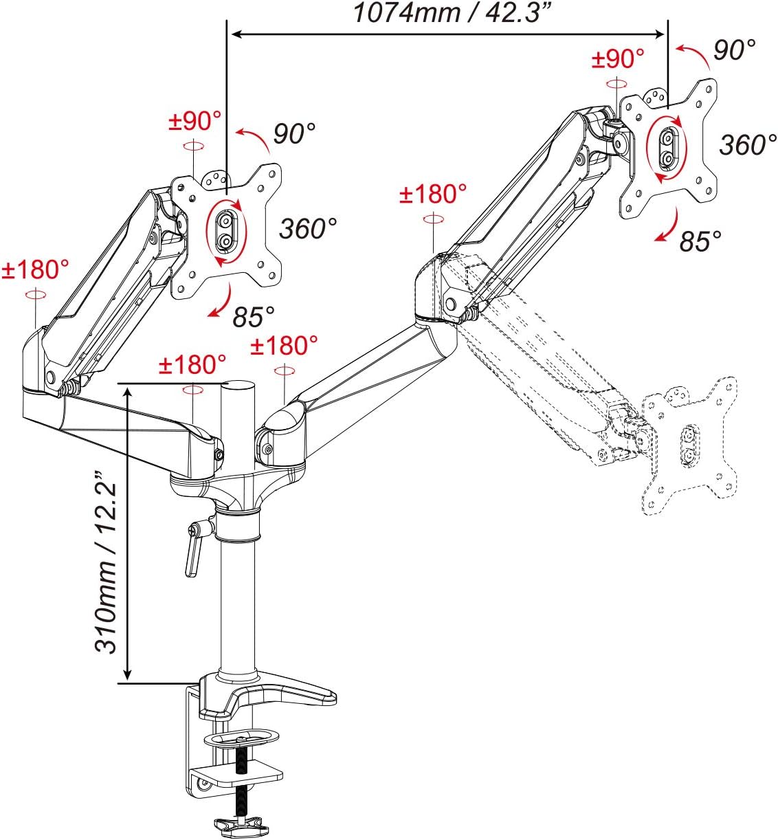 DIGITUS monitor mount - Clamp & gas spring - 2 monitors - Up to 27 inch - Up to 2x 8 kg - VESA 75 & 100 - Silver - Image 5