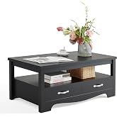 LINSY HOME Farmhouse Coffee Table with Storage, Wood Coffee Table for Living Room, Open Display Area and Storage Drawers with Metal Handles, Chic Style with Curved Base, Black