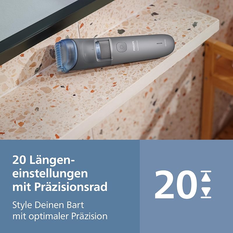 Bartschneider 3000er-Serie – selbstschärfende Klingen mit abgerundeten Spitzen, 20 Längeneinstellungen, Lift&Trim-Kamm, 100% wasserdicht, Akkuanzeige, USB-Ladegerät, Modell BT3619/15