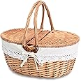 Cute 12.9" Wicker Picnic Basket for Kids with Removable Liner Empty Baskets with Lids, Picnic Hamper with Foldable Handles, Natural Color, Small