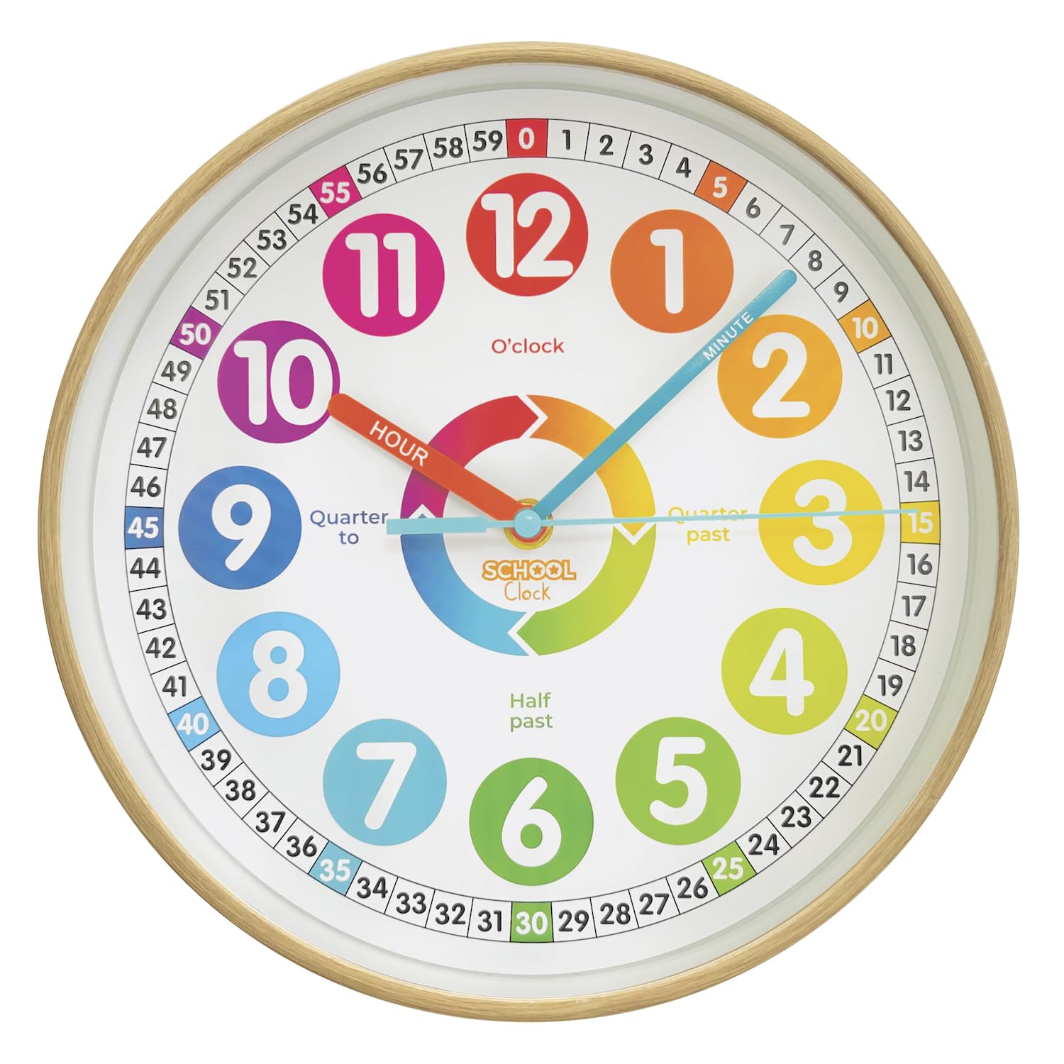 Preschool Collection Color Clock - Time Teacher 10 Inch Educational Silent Wall Clock with Colored Numbers - Easy to Read Analog Dial for Teacher's Classrooms, Kid's Bedroom & Children Playroom