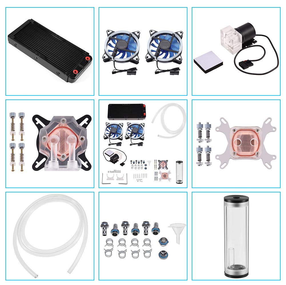 Bewinner DIY 240mm Water Cooling Kit, DIY 240mm Cooler CPU/GPU Block Pump Reservoir with LED Fan Heat Sink Computer Water Cooling Connectors Kit, Liquid CPU Cooler Kit