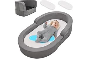 SUNYRISY Portable Toddler Travel Bed, 2-in-1 toddler floor bed, kids Travel Bed Sofa Chair toddler travel cot with 2 Waterproof Mattress covers, Foldable Toddler Camping Bed