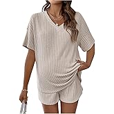 MakeMeChic Women's Maternity Pajamas Lounge Sets 2 Piece Outfits Short Sleeve Rib Knit Tops and Shorts Sets Pregnancy Clothes