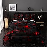 Nttopship Neon Red Black Comforter Set Twin Geometric Kids Bedding Set,3 PCS Geometry Honeycomb Bed Set Modern Quilt Set 1 Comforter 2 Pillow Cases Cool Room Decor All Season B-Side Black
