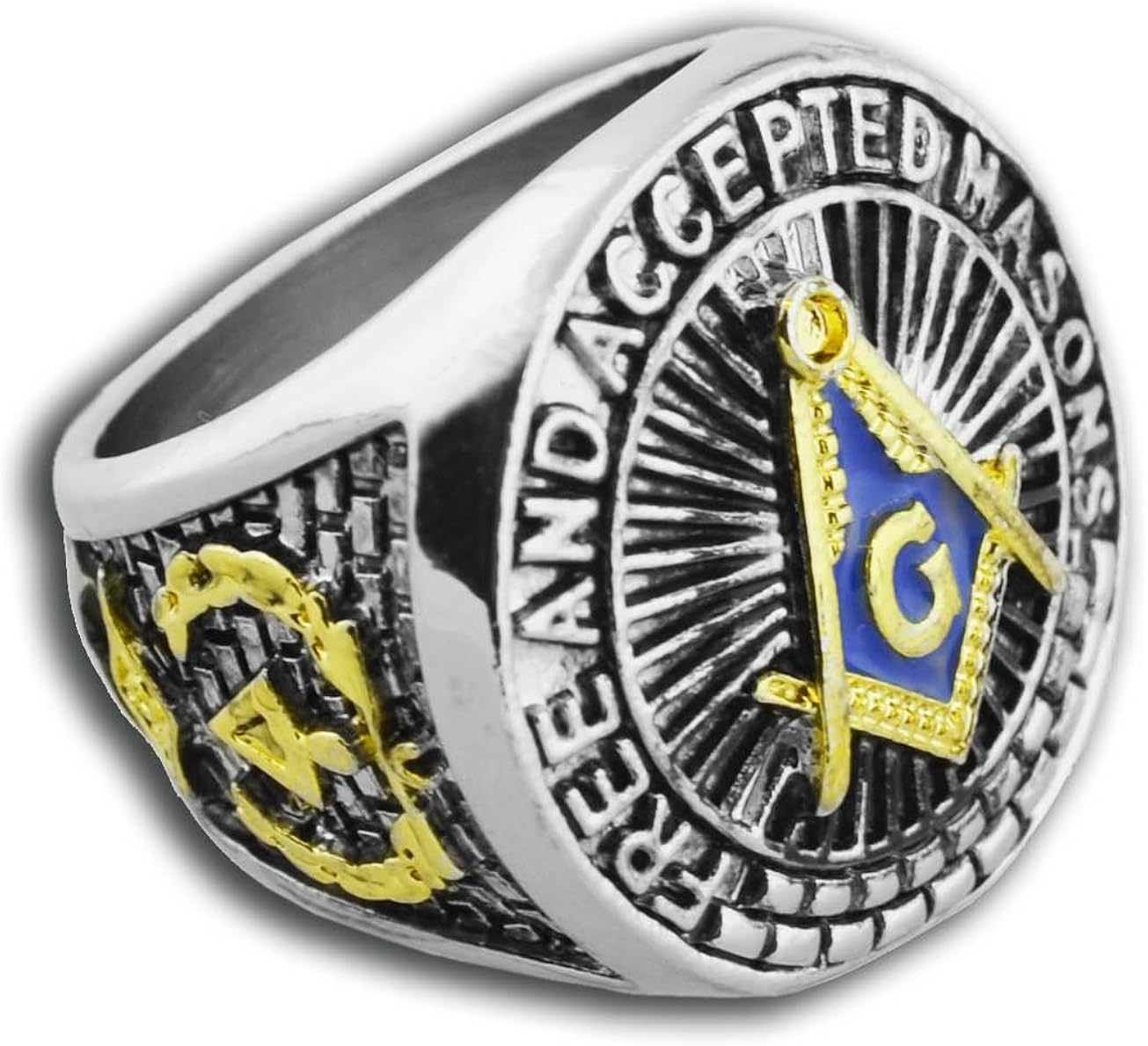 Masonic Rings for Men Blue Lodge DuoTone Gold Icons Silver Color