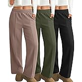 Neer 3 Pack Women's Wide Leg Sweatpants Baggy High Waist Straight Yoga Pants Open Bottom Jogger with Pockets(Black, Army Green, Khaki,Large)