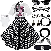 10Pcs Sock Hop Outfits Women, 1950s Poodle Skirts, T-Shirt with 50s Accessories Socks Scarf Headband Belt Earring