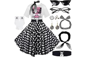 VILLBECOSER 10Pcs Sock Hop Outfits Women, 1950s Poodle Skirts, T-Shirt with 50s Accessories Socks Scarf Headband Belt Earring