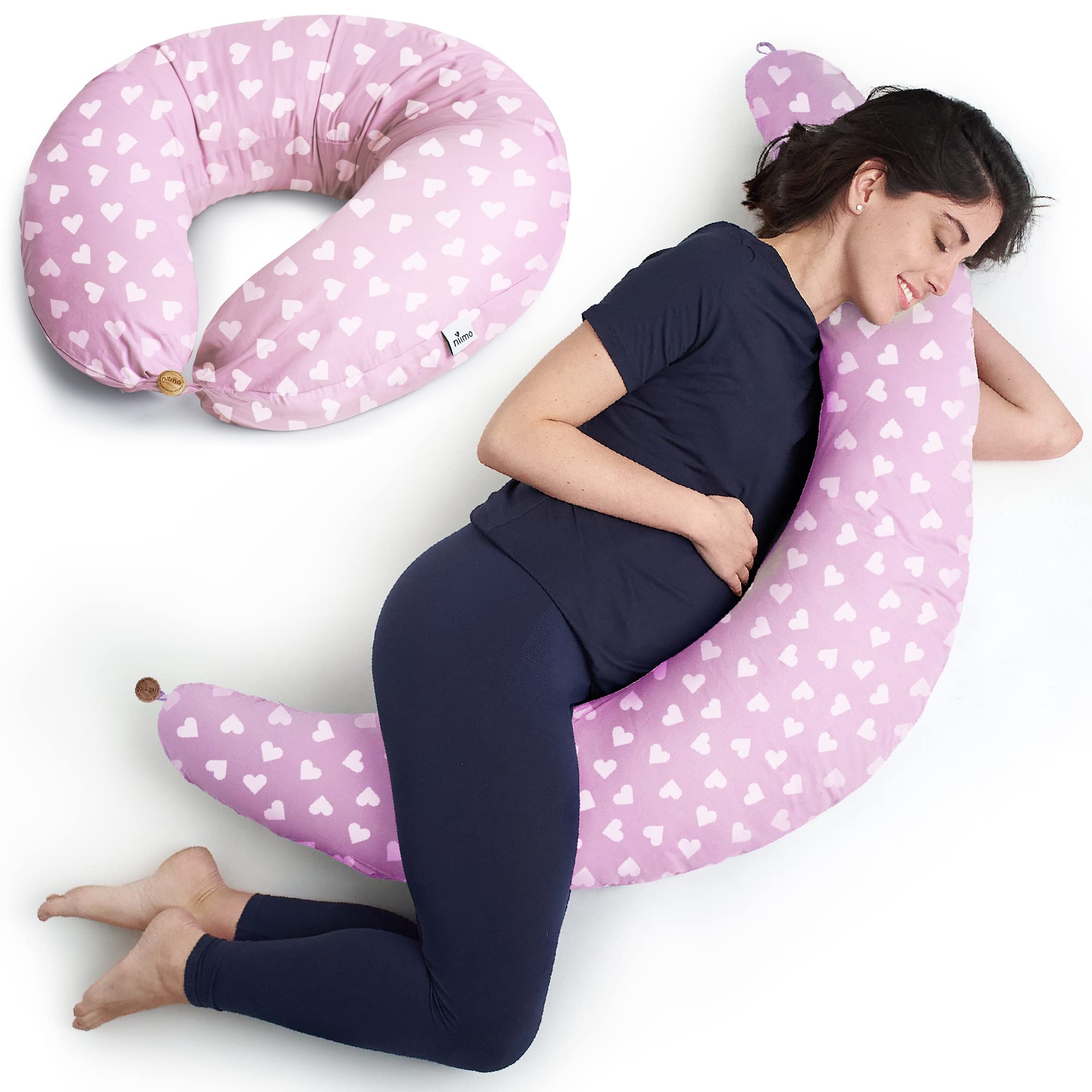 Niimo XXL Pregnancy Pillow & Nursing Pillow - 2-in-1 Design with a 100% Cotton Cover, Machine-Washable, Pink with White Hearts (200 x 70 cm)