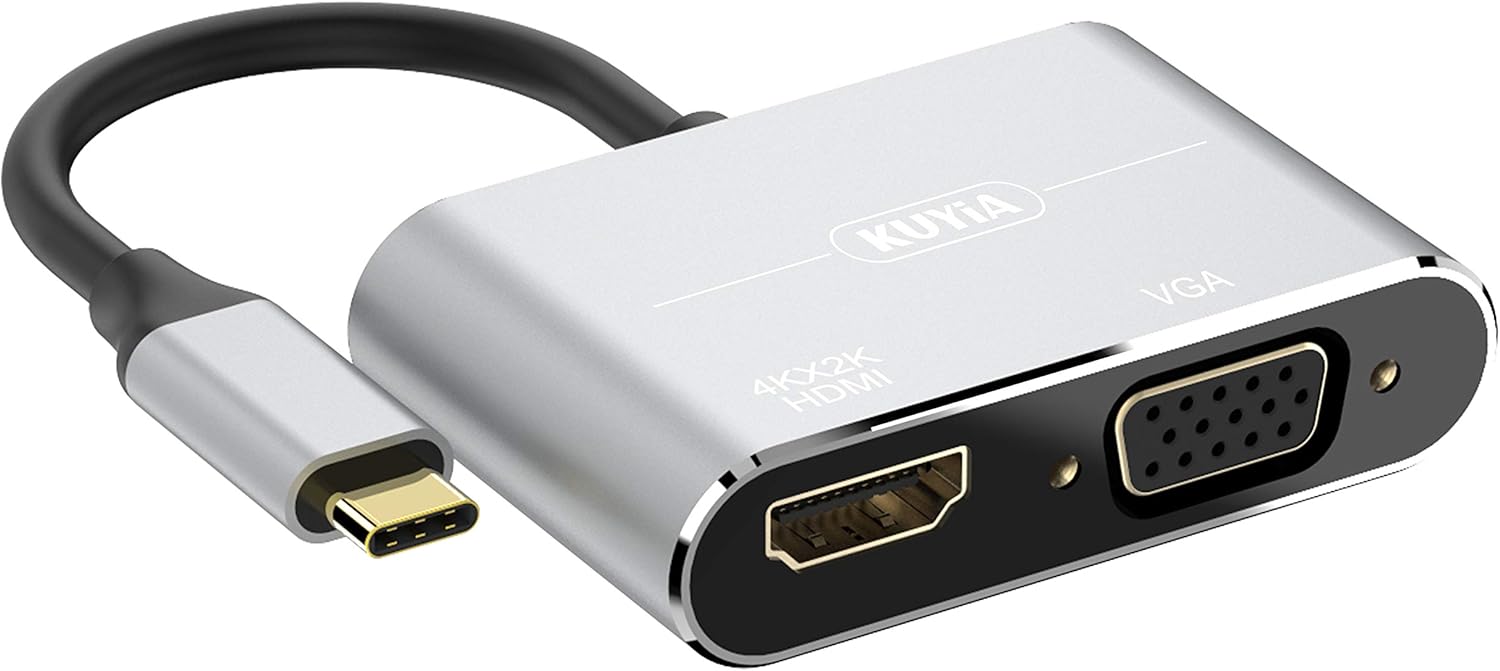 KUYIA USB C to HDMI VGA Adapter, 2 in 1 USB 3.1 Type-C to VGA and HDMI Converter Hub Compatible with MacBook Pro/Air