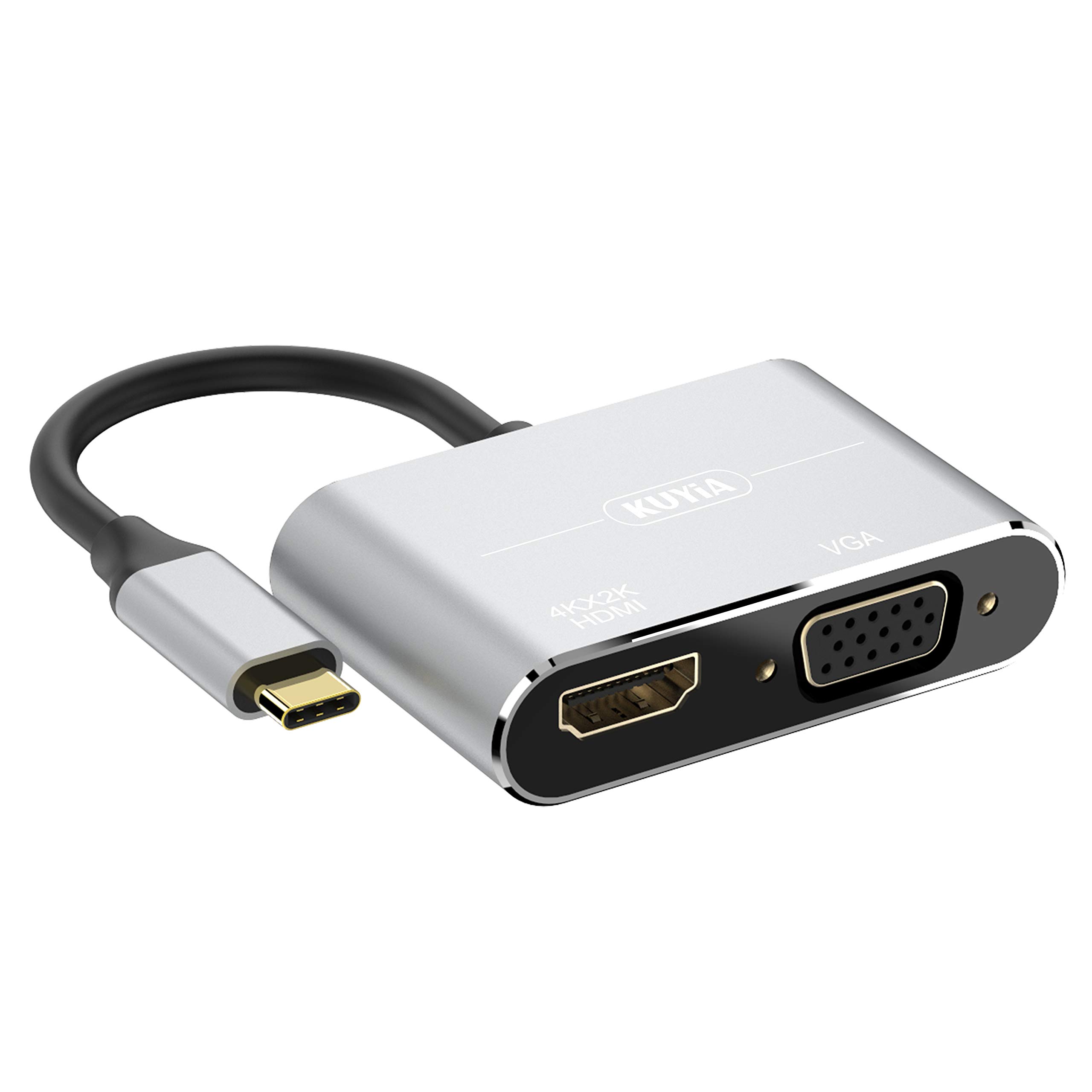 KUYIA USB C to HDMI VGA Adapter, 2 in 1 USB 3.1 Type-C to VGA and HDMI Converter Hub Compatible with MacBook Pro/Air, iPad Pro, Samsung Galaxy, Google Chromebook, Pixel, LG, Xbox, Dell, HP – Grey