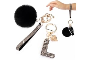 HONYJOOM Initial Letter Keychain for Women Girl Bling Rhinestone Sparkly Bag Backpack Purse Charm Cute Pom Pom Key Chain Wristlet
