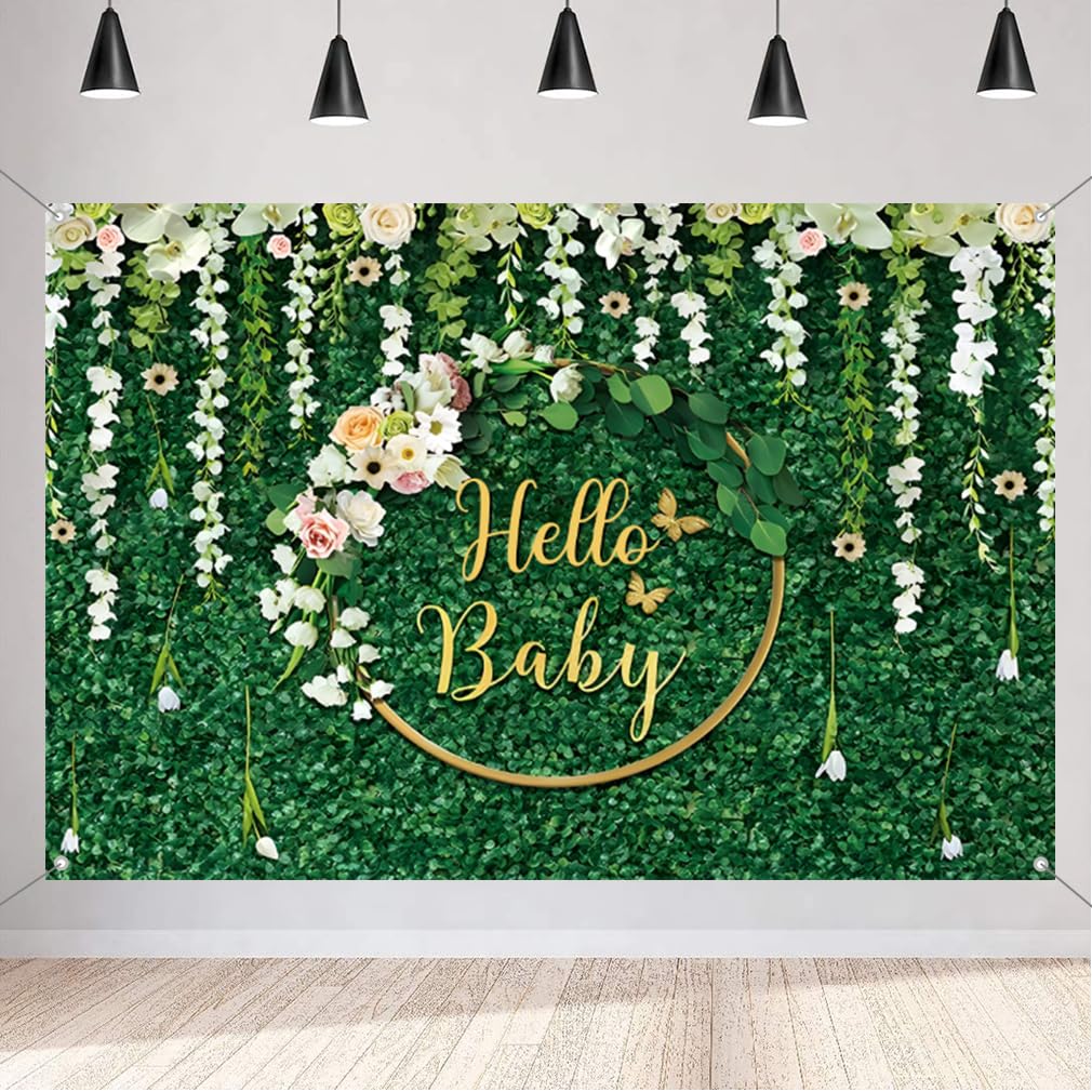 Hello Baby Background for Baby Shower Green Leaves Gender Neutral Baby Welcoming Party Photography Background Newborn Party Decoration Backdrop Banner Welcome Sign 150cm x 90cm