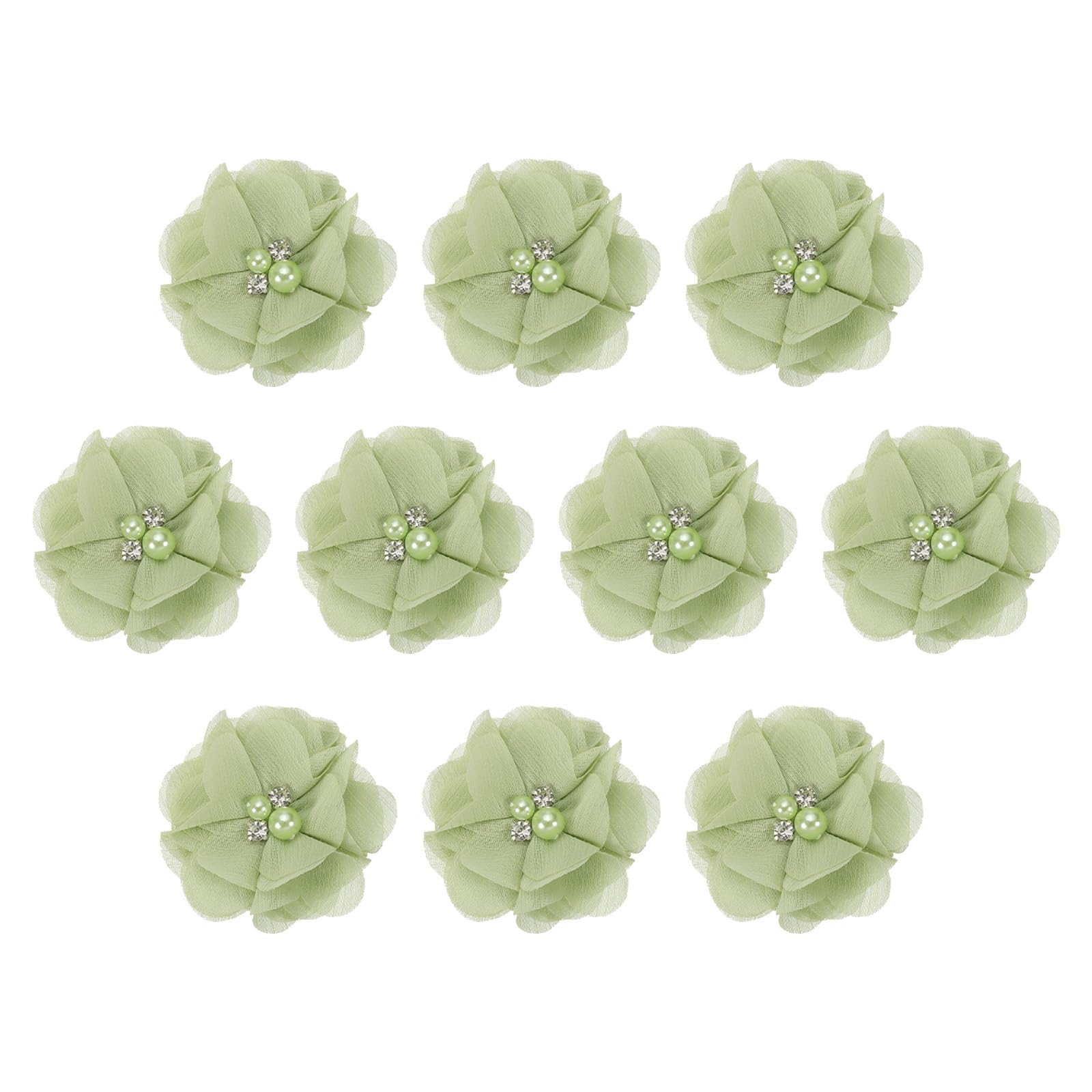 PATIKIL 2" Chiffon Flowers, 10Pcs Fabric Flowers Sewing Appliques Embellishments with Rhinestone Pearl for DIY Crafts Wedding Headbands Party Decoration, Light Green