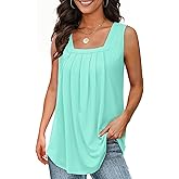 Summer Tank Tops for Women Loose Fit Pleated Square Neck Sleeveless Tops Flowy Blouse Short Sleeve Tops Basic Shirts