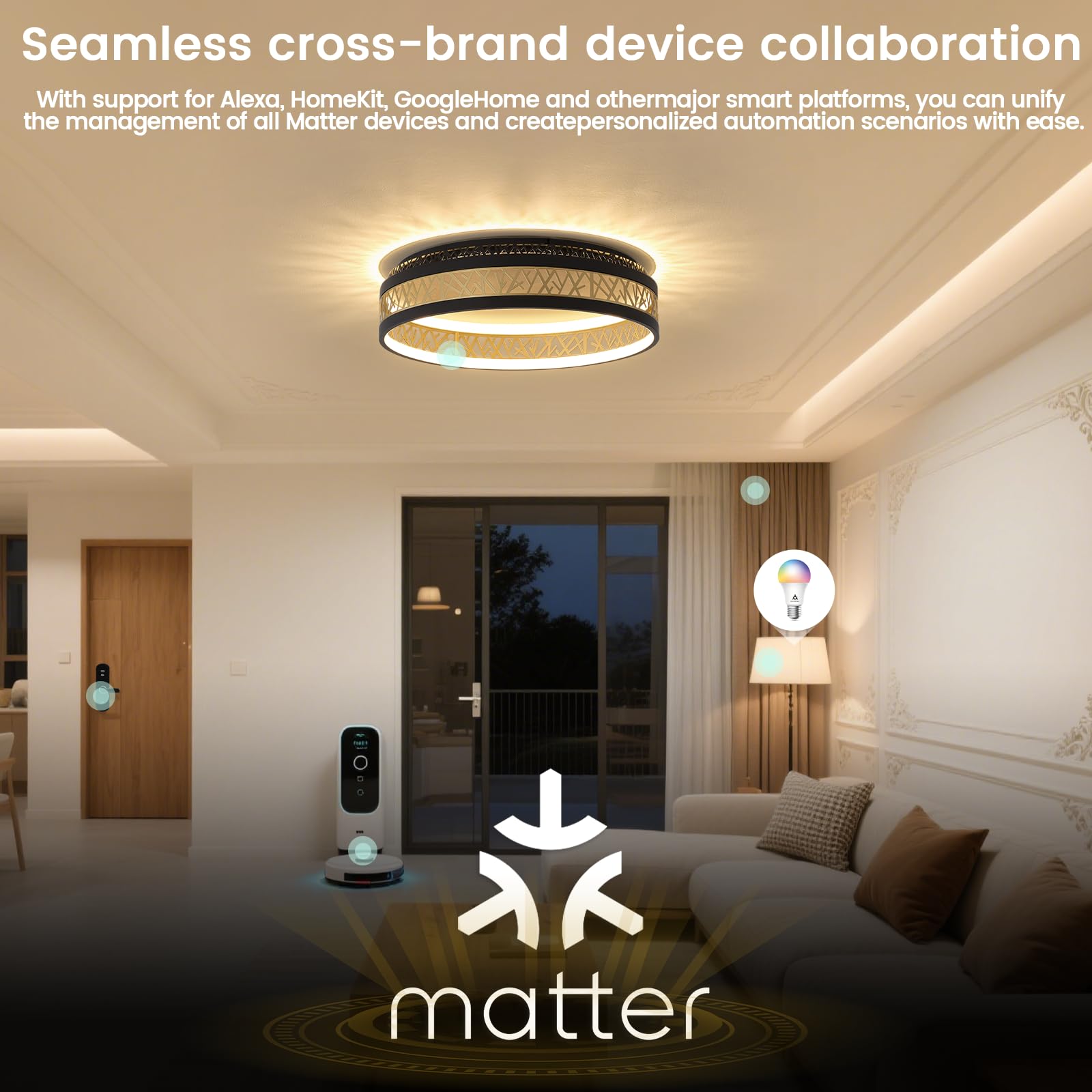 Yuanfenghua LED Deckenleuchte Mit Fernbedienung, Dimmbar Schlafzimmer Lampe with Matter Kompatibel Mit Alexa,HomeKit,Google and eWeLink APP, Rund Schwarz Gold Aushöhlen Design Wohnzimmer Ø50×H12CM 2