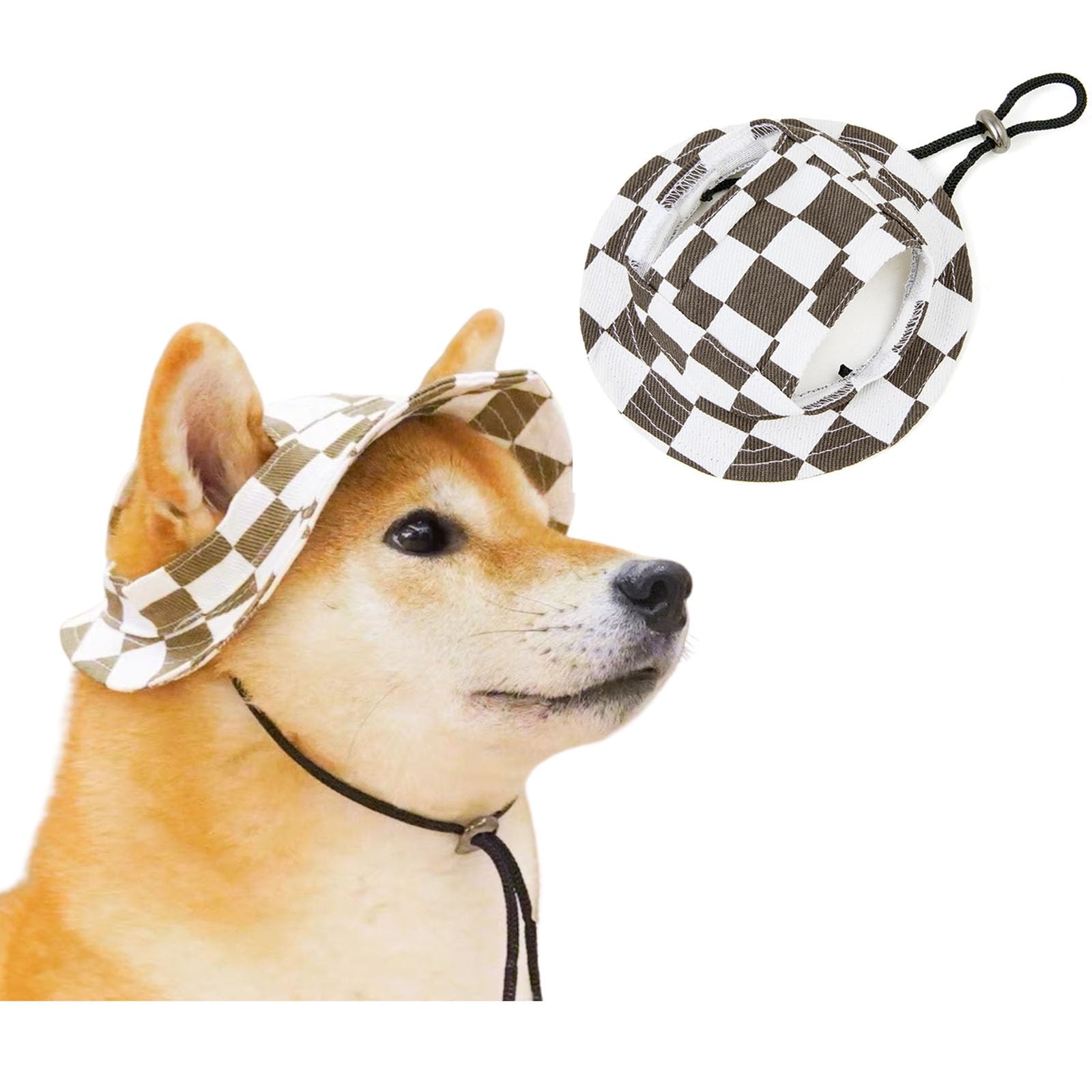 BT Bear Dog Bucket Hats, Cotton Casual Dog Round Cap with Ear Hole, Adjustable Outdoor Travel Sun Protection Sport Hat for Cat Small Medium Dogs Coffee Checkered S