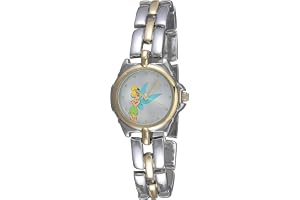 Disney Tinker Bell Kids Watch with Silver Metal Bracelet, Gold Link Accents, Sunray Silver Dial and Printed Tink Artwork, Analog Display, Fits Wrists 5.5" to 8"