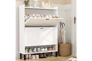 xiweot Space-Saving Slim Farmhouse Shoe Cabinet for Entryway - 2 Flip Drawers & Adjustable Shelf Wooden Organizer, Freestanding Hidden Storage for Hallway/Closet (White)