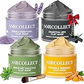 ANRCOLLECT Face Mask Set, 4Pcs Clay Mask, Face Masks Skin Care with Vitamin C, Charcoal, Mugwort and Purple Clay, Skincare Gift Set for Blackheads Refining Pores & Controling Oil, Valentines Day Gifts