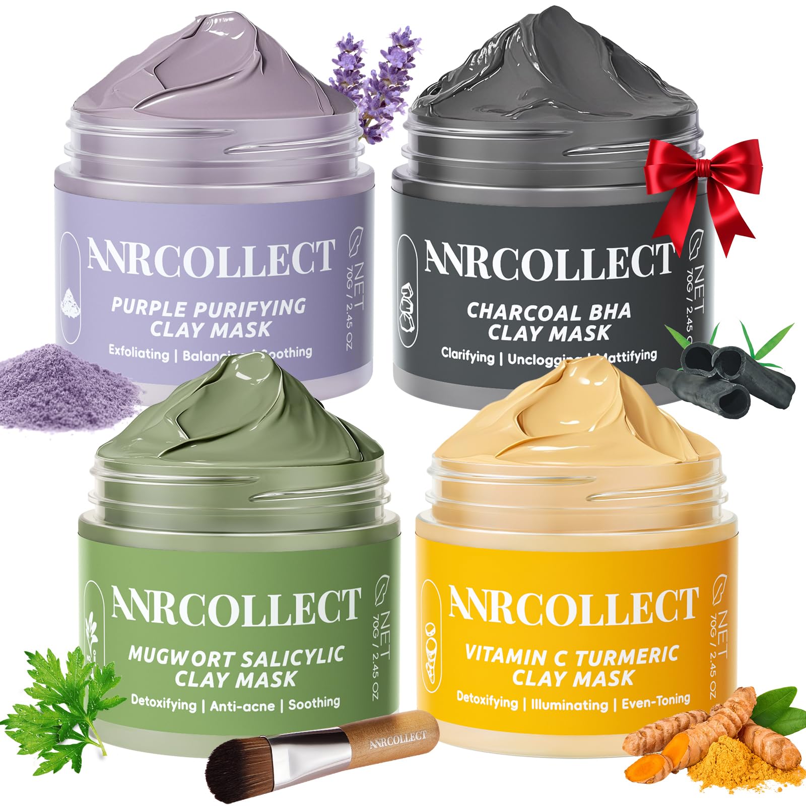 ANRCOLLECT Face Masks Set for Women, 4Pack Clay Facial Mask, Charcoal, Vitamin C, Mugwort, Purple Clay Mask, Face Masks Skincare, Spa Facial Kits for Pore Cleansing and Refinning, 280G
