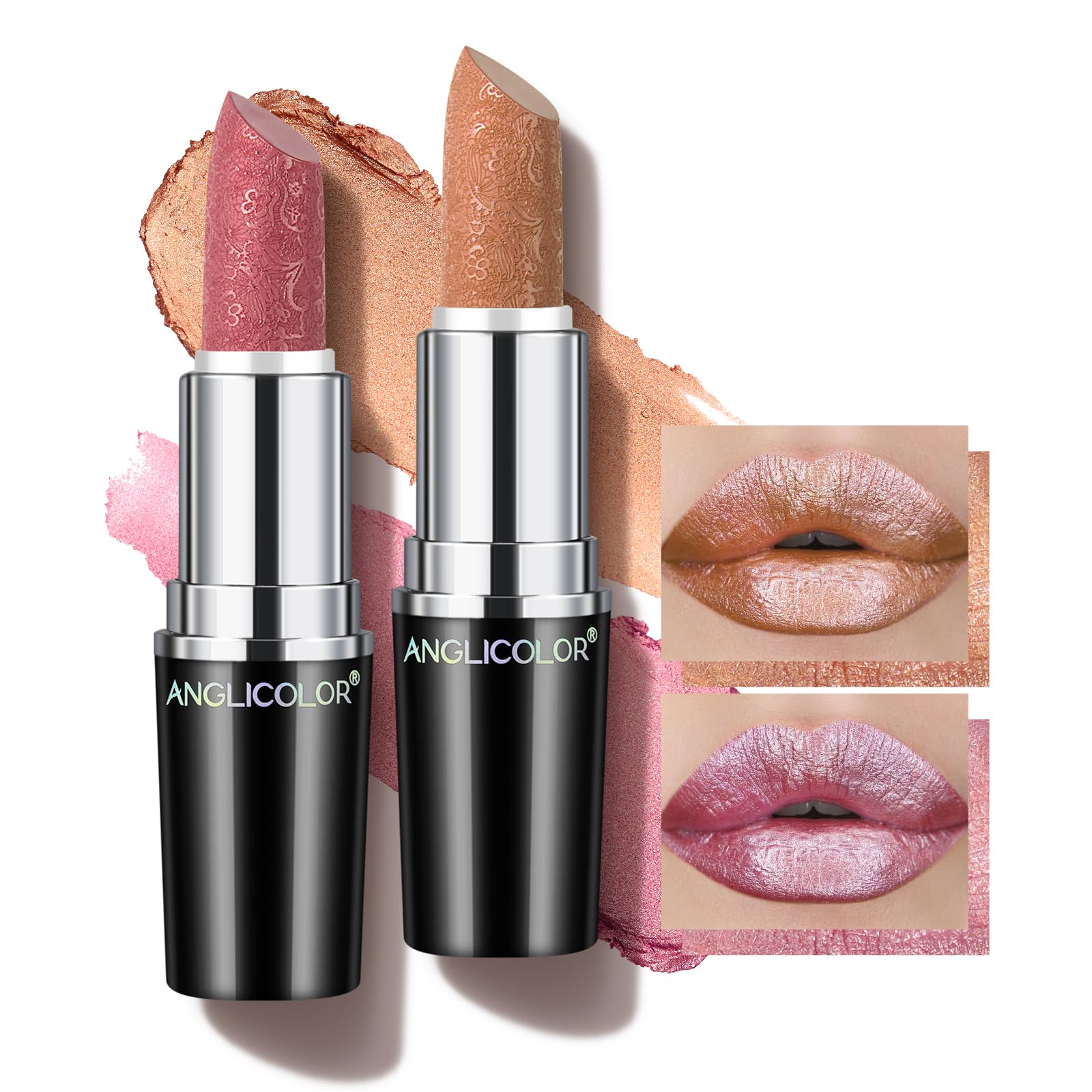 Anglicolor Metallic Glitter Pink Lipstick,High Impact Shimmer Lipcolor,Long-Lasting Moisturising,Lightweight Hydrating Creamy Formula Smooth and Non-Sticky,Lipstick For Women (#10+#11, 8g)