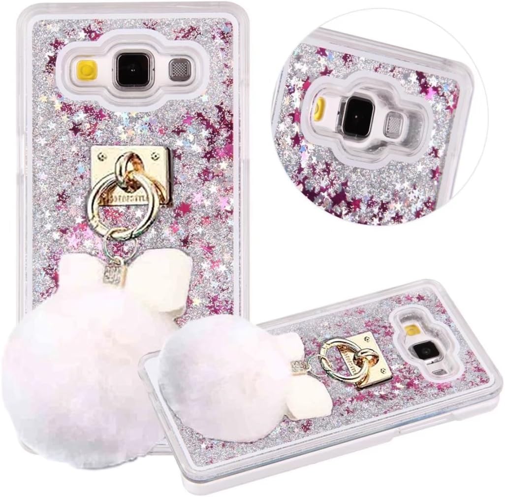 Galaxy J1 Ace Case, Liqucase Plush Ball Series Glitter Bling Hearts Flowing Liquid Glitter Sparkly Clear Hard Plastic Case for Samsung Galaxy J1 Ace (Star/Plush Ball White)