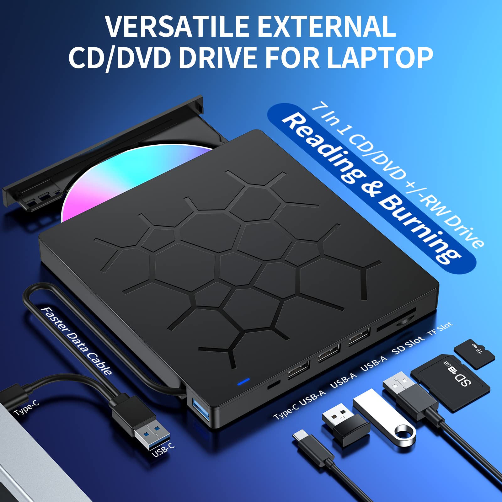 External CD/DVD Drive for Laptop, 7 IN 1 USB 3.0 Ultra-Slim Portable DVD Player, CD ROM Burner Writer External Disk Drive Optical Compatible with Laptop Desktop PC MacBook Windows Mac Linux OS