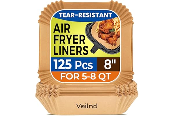 Air Fryer Paper Liners, 125Pcs Parchment Paper, Air Fryer Liners Disposable for Microwave, Non-Stick Air Fryer Liner Square Free of Bleach (8IN)