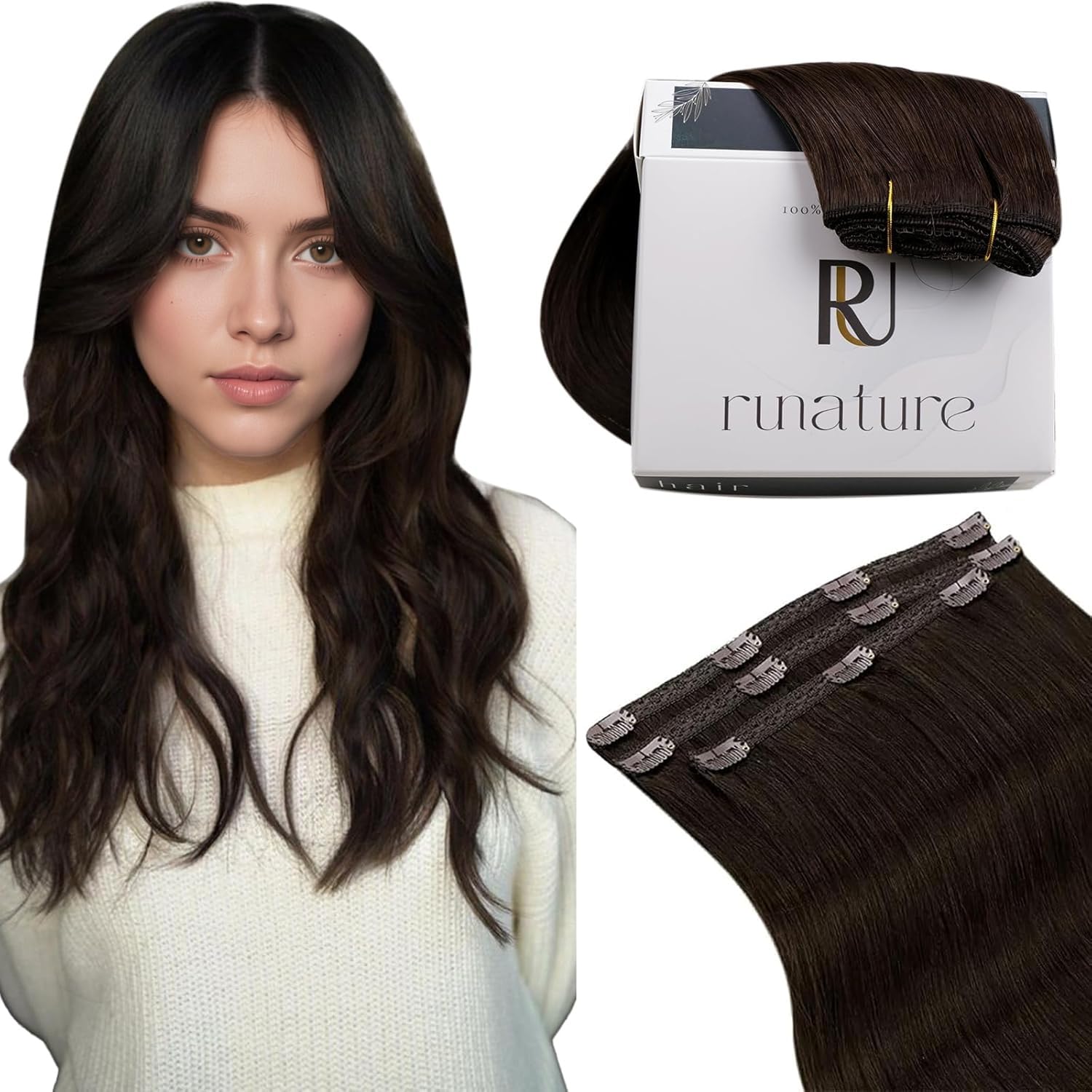 RUNATURE Clip in Human Hair 18 inch Brown Hair Extensions Clip in Full Head Brown Remy Straight Clips Extensions Hair 3 Pieces/50g #2
