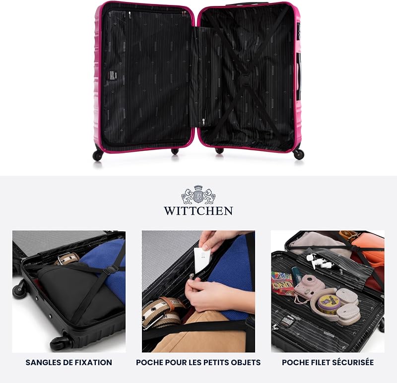 Valise Grande Taille Valise de Voyage à roulettes Coque Rigide ABS 4 roulettes Spinner Serrure à Combinaison Poignée télescopique Groove Line Taille XL Rose Air France/Easyjet/Ryanair