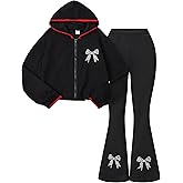 GOLLUNER Girls Clothes Long Sleeve Bow Zip Hoodie Sweatshirt and Flared Pants Fall Winter Clothing Set, Sizes 7-14 Years