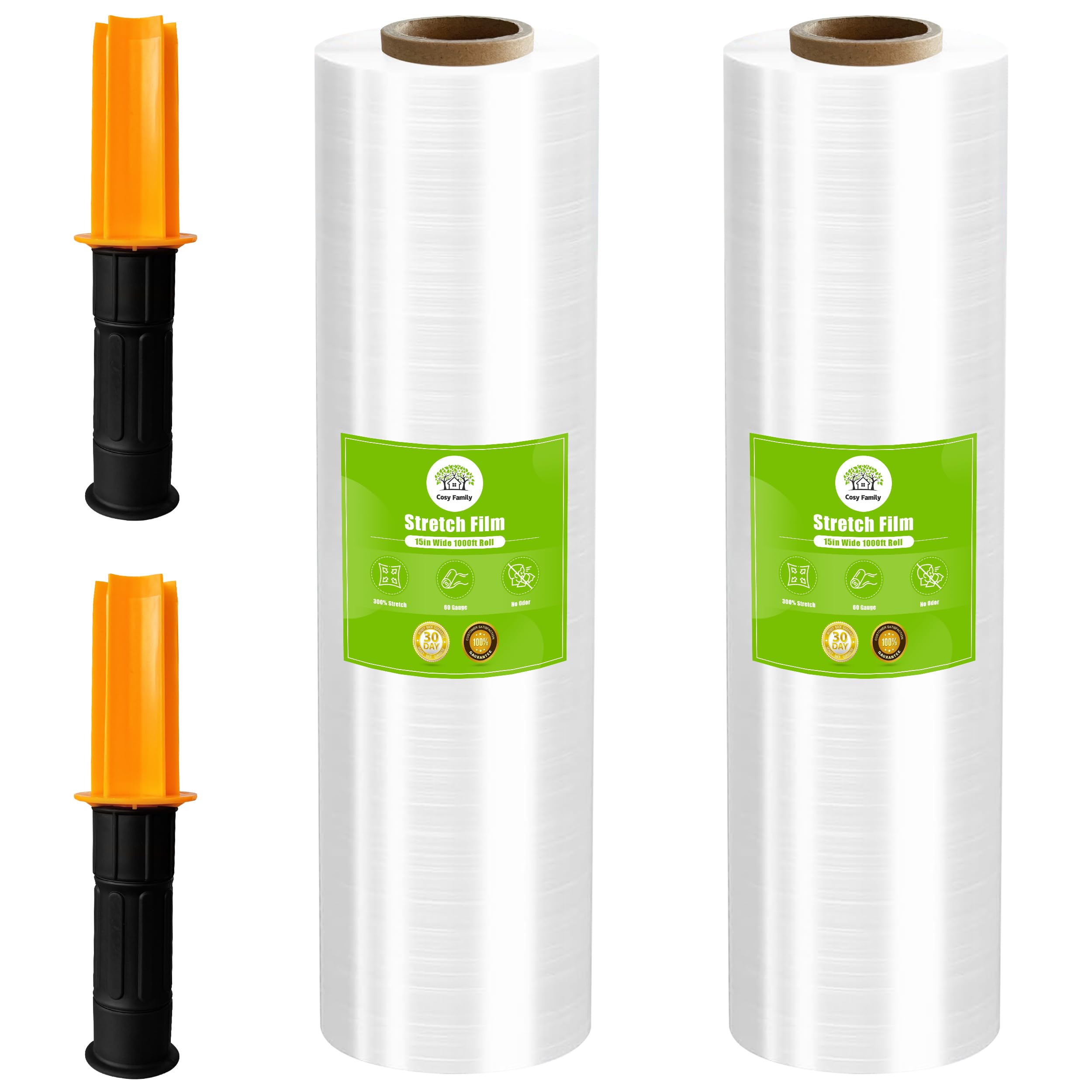 Cosy Family Plastic Wrap Stretch Film Roll - 1000ft 60 Gauge Industrial Strength 15 inch Wide Clear Plastic Wrap Roll with Handles for Pallet Wrapping Shipping Moving - Clear, Pack of 2 Image