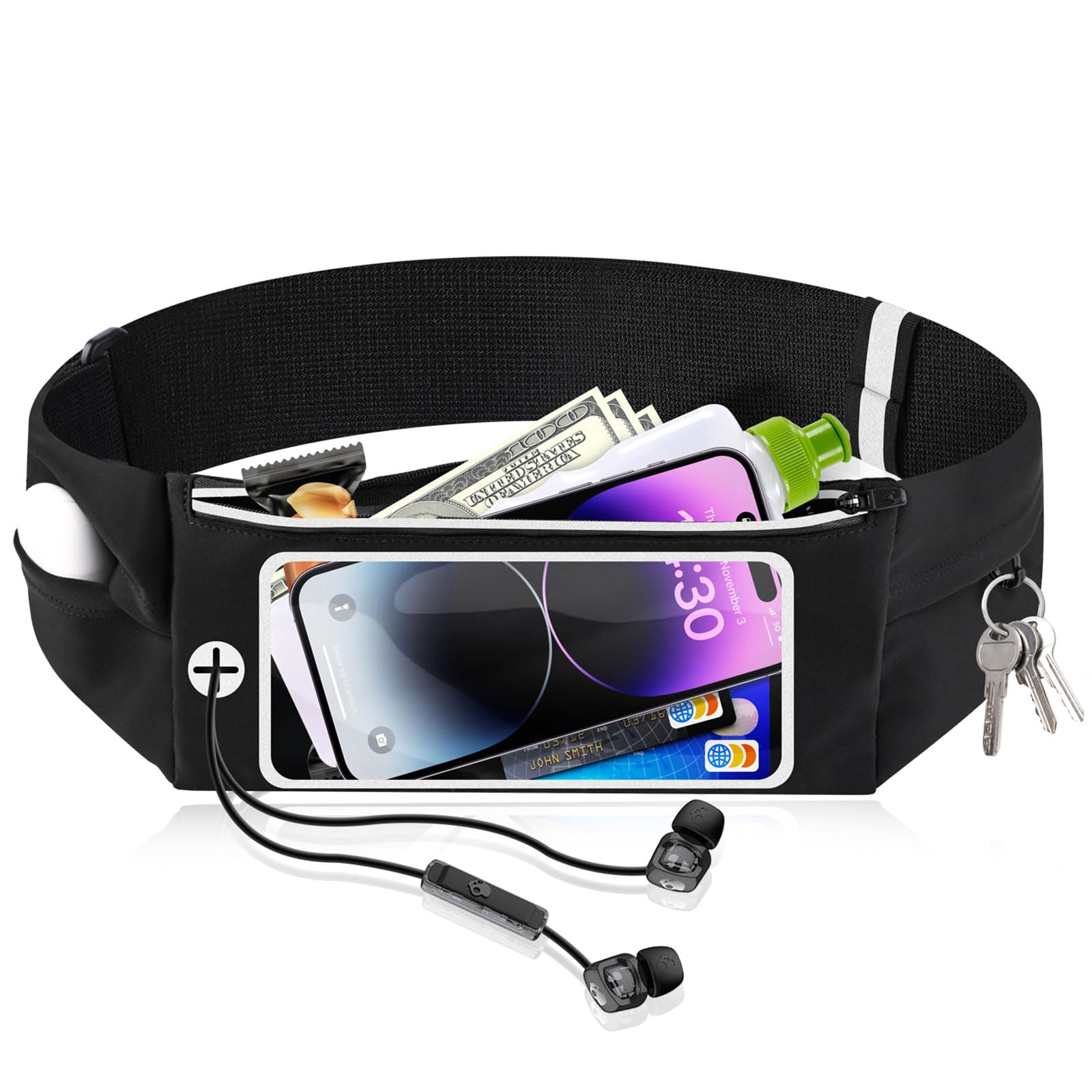 Razobws Running Belts for Women, Running Phone Holder Fitness Waist Pouch for Men with Adjustable Band and Reflective Strip, Sports Belt Pack fits iPhone Smartphones Touchscreen up to 6.8"
