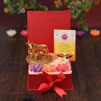 Collectible India Metal Kamdhenu Cow Showpiece with Set of 4 Matki Wax Diya Candles Tealight, Diwali Greeting Card with Gift Box Hampers