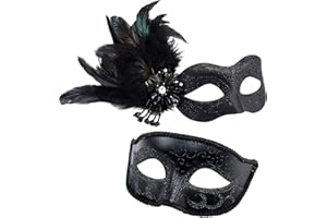 MYSEUNI 2025 New Masquerade Mask with Feather for Couples - Women's Masquerade Mask with Feather & Men Venetian Costume Mask
