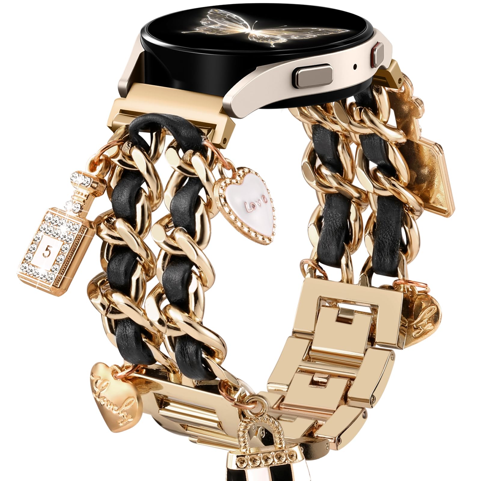 Photo 1 of Stylish Metal Band Compatible with Samsung Galaxy Watch 7 Band/FE 6 5 4 40mm 44mm,Galaxy Active 2, 20mm Watch Strap Pretty Chain with Cute Decorative Charms Accessories for Samsung Watch Bands Women