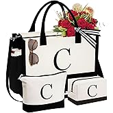 YOOLIFE Gifts for Women - Initial Canvas Tote Bag & Makeup Bag, Birthday Gifts for Women Mom Sister Friends
